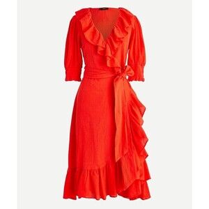 J.Crew Ruffle Wrap Midi Dress XS Puff Sleeve Red Orange Preppy Beachy Boho Party